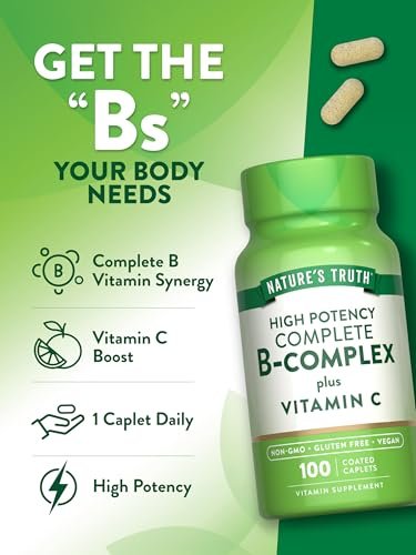 Nature's Truth Vitamin B-Komplex plus Vitamin C | 100 Kapseln | Veganes, Nicht-GVO & Glutenfreies Nahrungsergänzungsmittel
