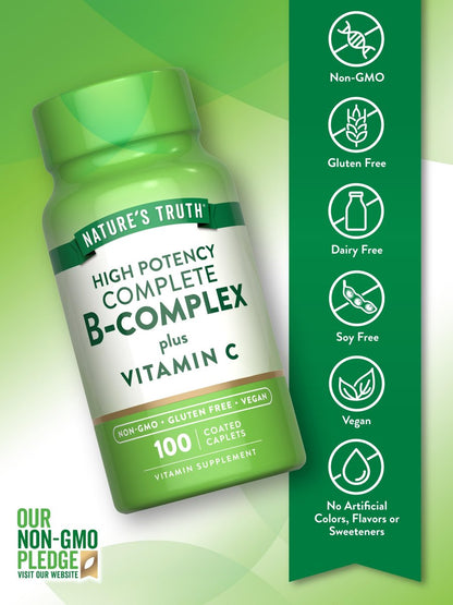 Nature's Truth Vitamin B-Komplex plus Vitamin C | 100 Kapseln | Veganes, Nicht-GVO & Glutenfreies Nahrungsergänzungsmittel