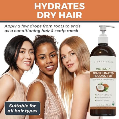 Viva Naturals Bio fraktioniertes Kokosöl, 473 ml – Haut- & Haarpflege, Massageöl, Trägeröl für ätherische Öle