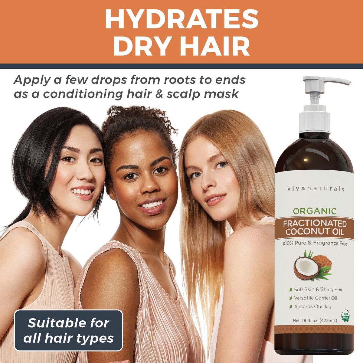 Viva Naturals Bio fraktioniertes Kokosöl, 473 ml – Haut- & Haarpflege, Massageöl, Trägeröl für ätherische Öle