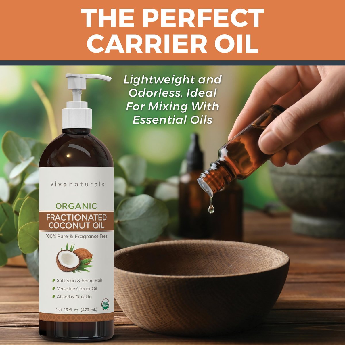 Viva Naturals Bio fraktioniertes Kokosöl, 473 ml – Haut- & Haarpflege, Massageöl, Trägeröl für ätherische Öle