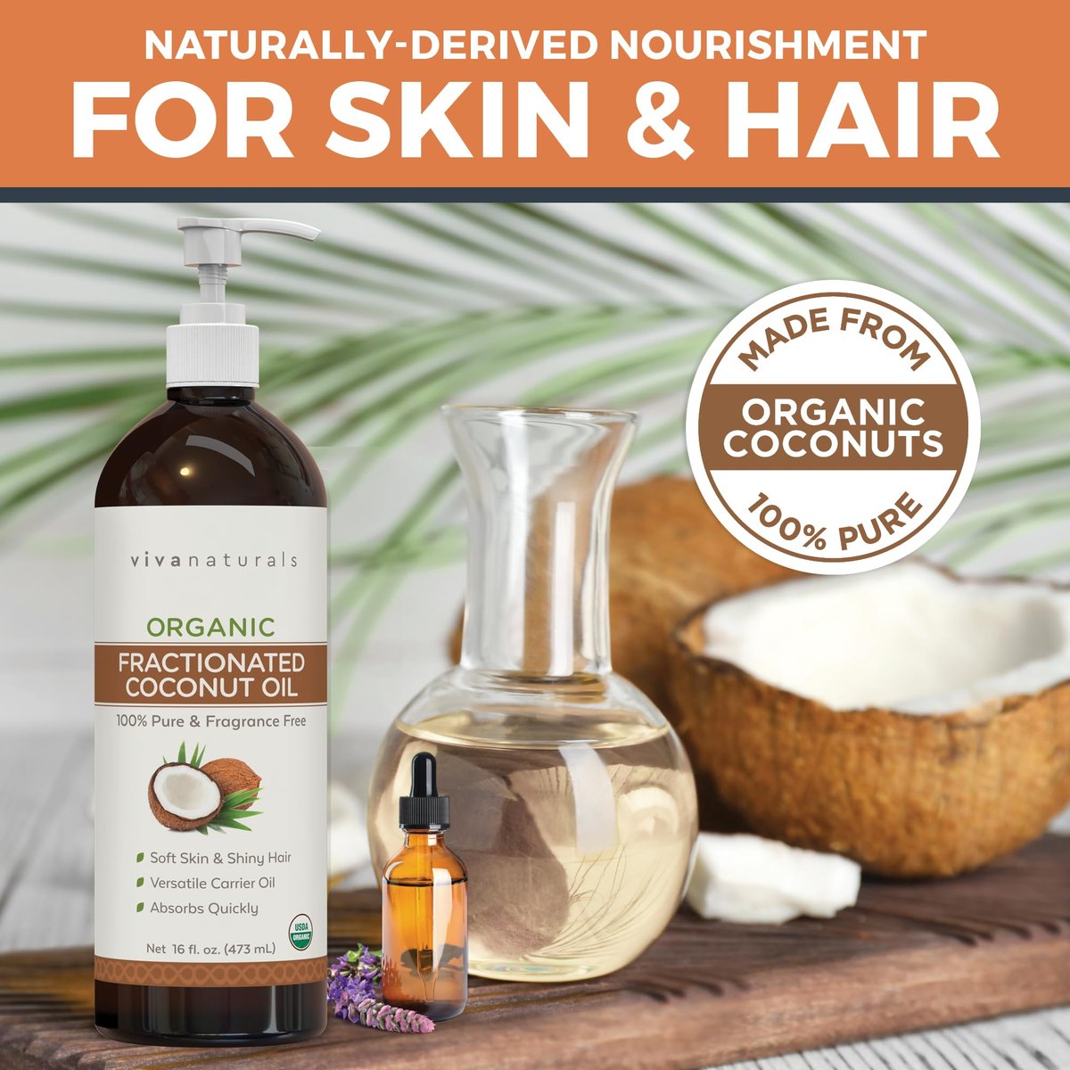 Viva Naturals Bio fraktioniertes Kokosöl, 473 ml – Haut- & Haarpflege, Massageöl, Trägeröl für ätherische Öle