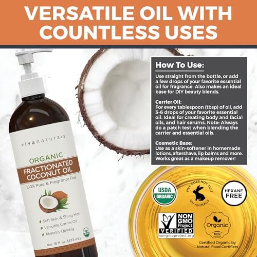 Viva Naturals Bio fraktioniertes Kokosöl, 473 ml – Haut- & Haarpflege, Massageöl, Trägeröl für ätherische Öle