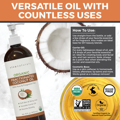 Viva Naturals Bio fraktioniertes Kokosöl, 473 ml – Haut- & Haarpflege, Massageöl, Trägeröl für ätherische Öle