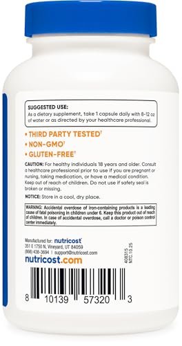 Nutricost Chelat-Eisen mit Ferrochel – 36 mg, 240 Kapseln – Hochdosiertes Eisenpräparat