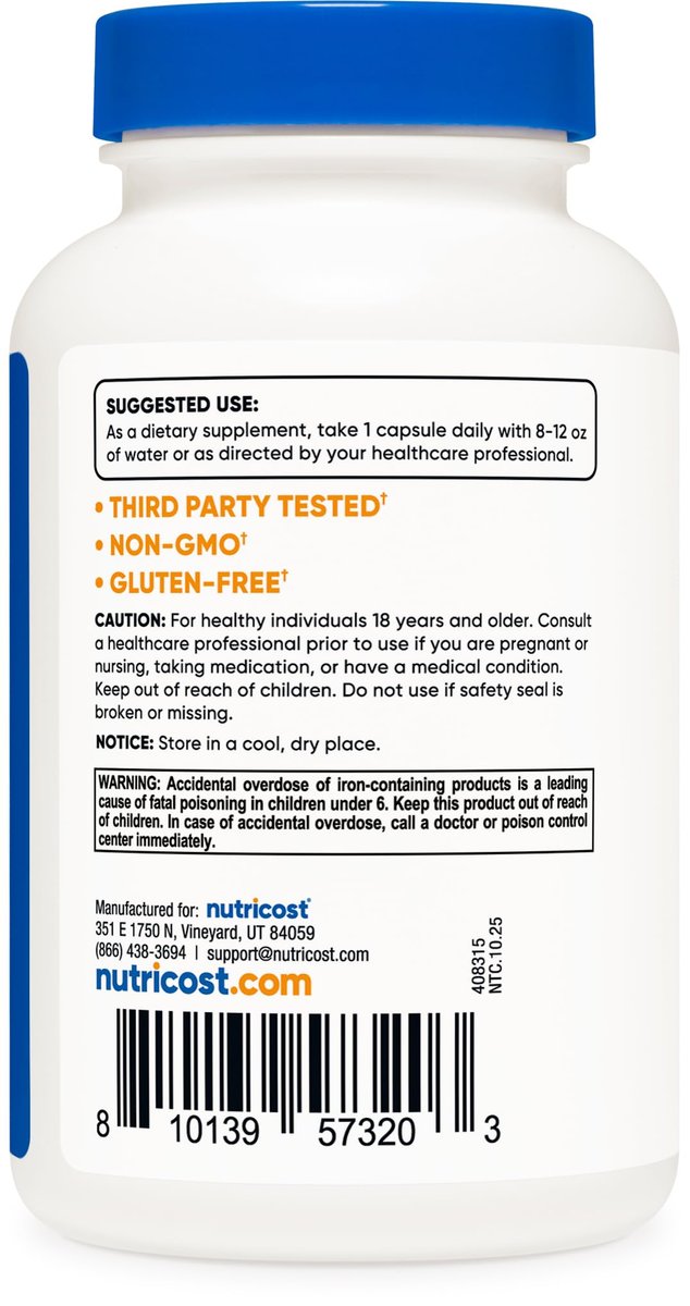 Nutricost Chelat-Eisen mit Ferrochel – 36 mg, 240 Kapseln – Hochdosiertes Eisenpräparat