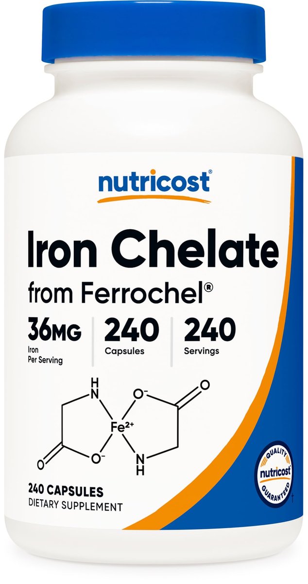 Nutricost Chelat-Eisen mit Ferrochel – 36 mg, 240 Kapseln – Hochdosiertes Eisenpräparat