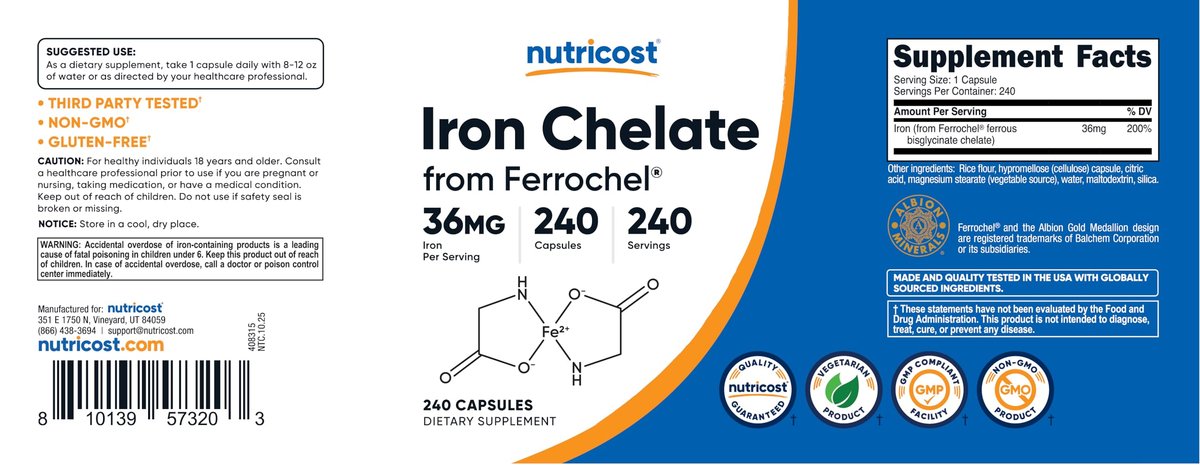 Nutricost Chelat-Eisen mit Ferrochel – 36 mg, 240 Kapseln – Hochdosiertes Eisenpräparat