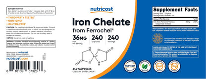 Nutricost Chelat-Eisen mit Ferrochel – 36 mg, 240 Kapseln – Hochdosiertes Eisenpräparat