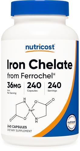 Nutricost Chelat-Eisen mit Ferrochel – 36 mg, 240 Kapseln – Hochdosiertes Eisenpräparat