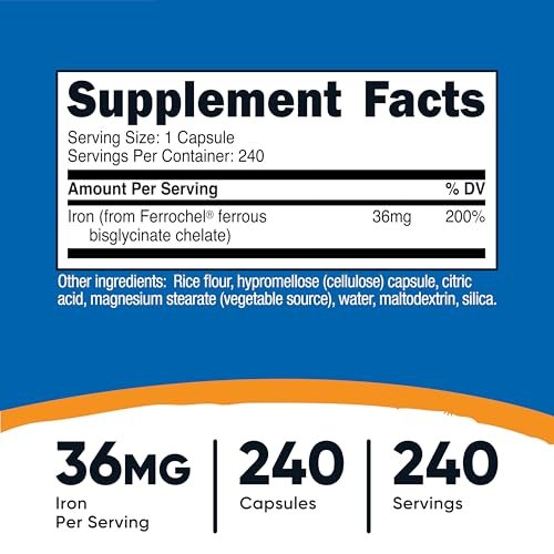 Nutricost Chelat-Eisen mit Ferrochel – 36 mg, 240 Kapseln – Hochdosiertes Eisenpräparat