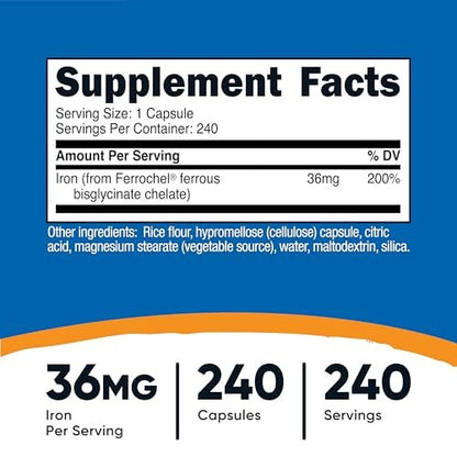 Nutricost Chelat-Eisen mit Ferrochel – 36 mg, 240 Kapseln – Hochdosiertes Eisenpräparat