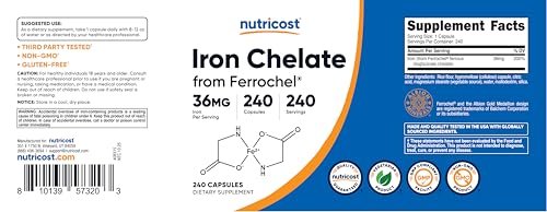 Nutricost Chelat-Eisen mit Ferrochel – 36 mg, 240 Kapseln – Hochdosiertes Eisenpräparat
