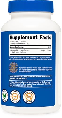 Nutricost Chelat-Eisen mit Ferrochel – 36 mg, 240 Kapseln – Hochdosiertes Eisenpräparat