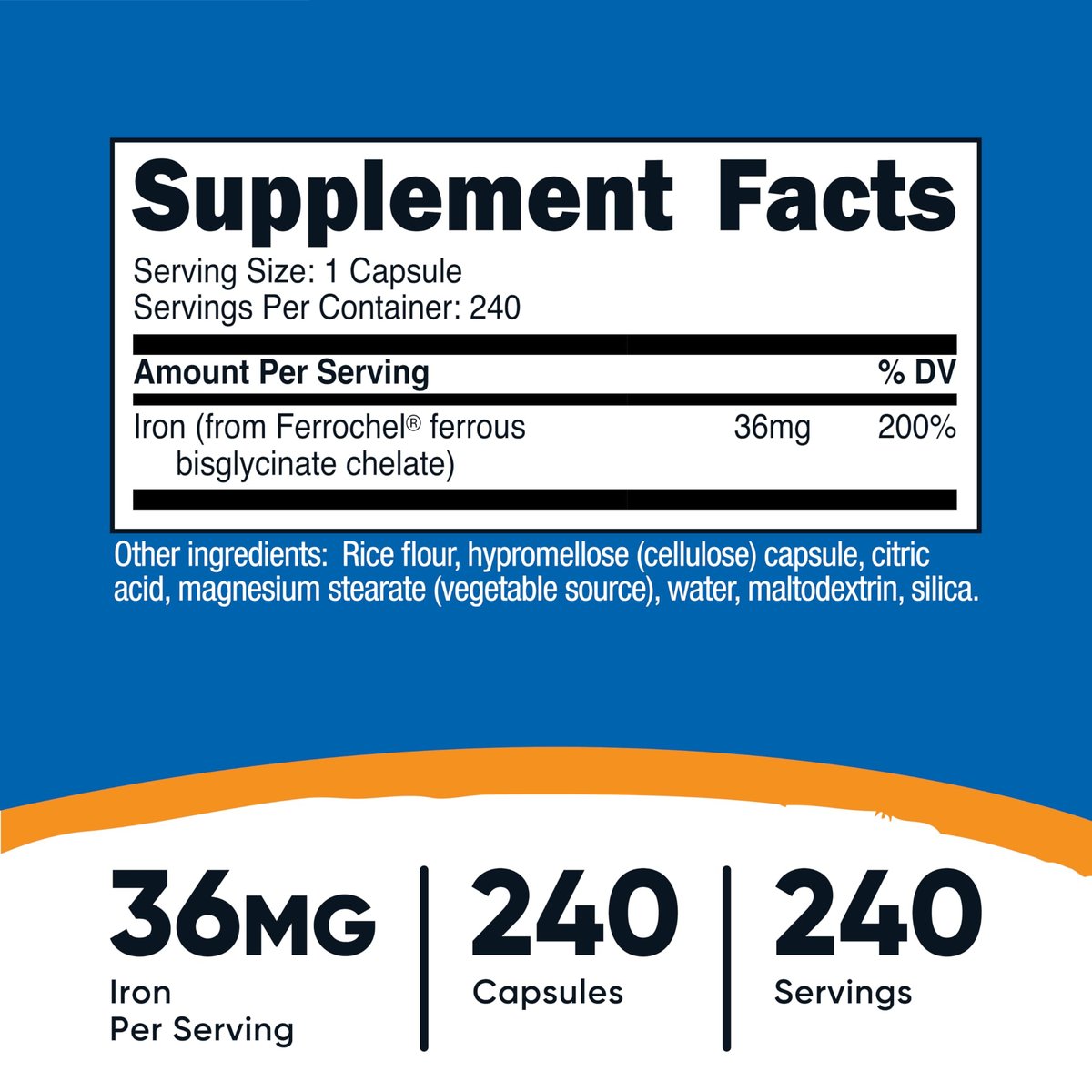 Nutricost Chelat-Eisen mit Ferrochel – 36 mg, 240 Kapseln – Hochdosiertes Eisenpräparat