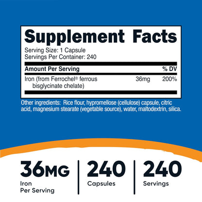 Nutricost Chelat-Eisen mit Ferrochel – 36 mg, 240 Kapseln – Hochdosiertes Eisenpräparat
