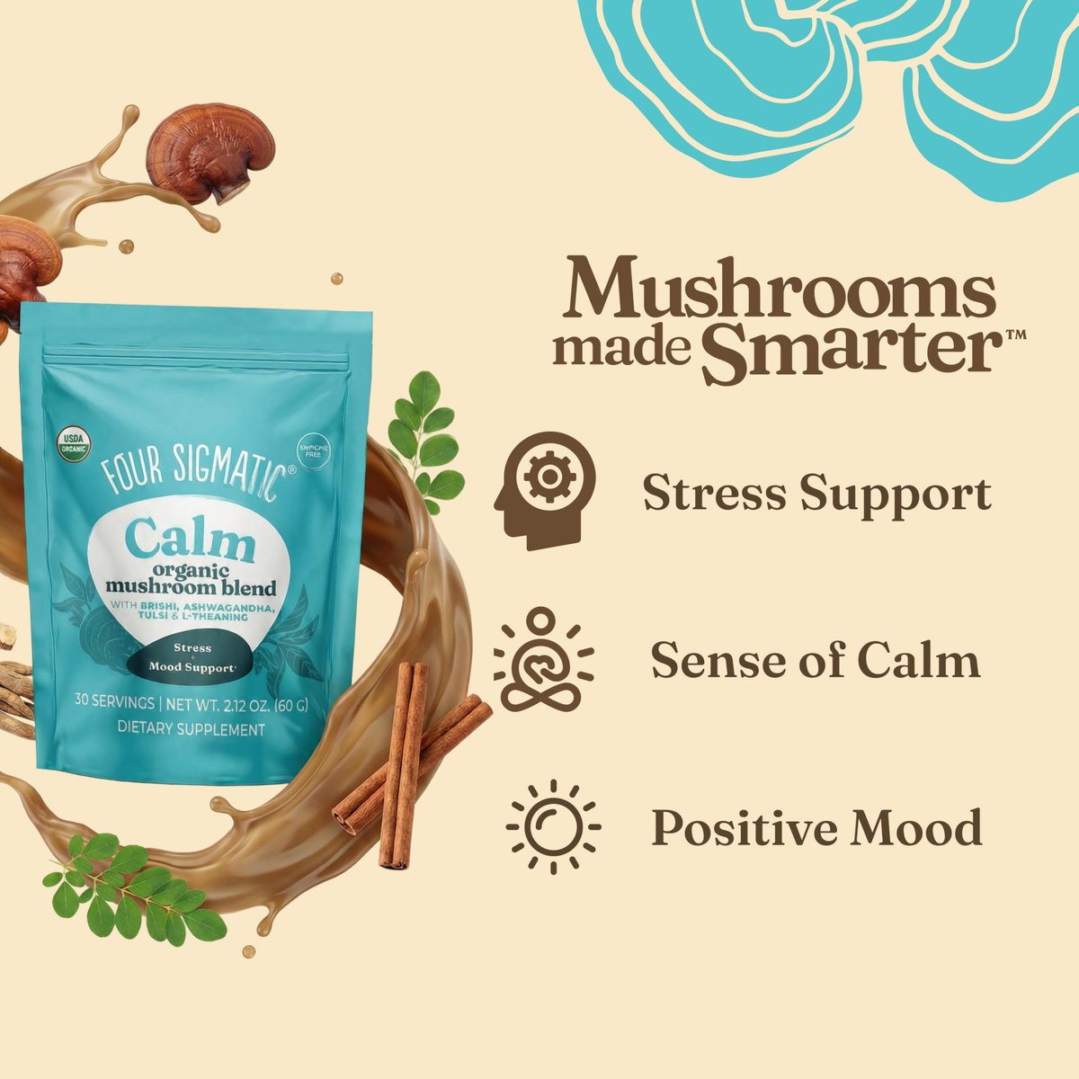 Four Sigmatic Calm Mushroom Blend | Adaptogen-Mischung mit Ashwagandha, Reishi, Tulsi, Cordyceps, Chaga, Hagebutten und mehr | Natürliche Stresslinderung und Immununterstützung | 30 Portionen