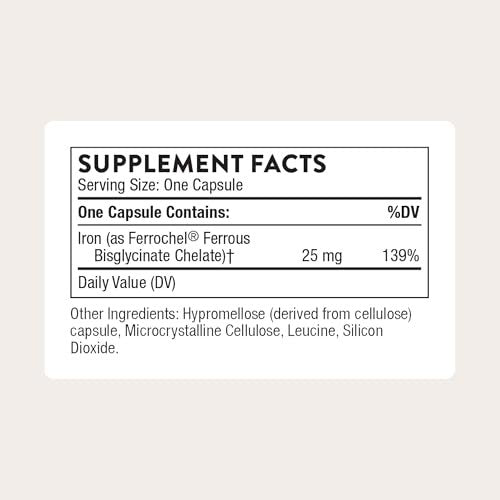 THORNE – Eisenbisglycinat 25 mg – Hoch bioverfügbares Eisen ohne Magen-Darm-Beschwerden – NSF-zertifiziert für den Sport – glutenfrei – 60 Kapseln