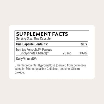 THORNE – Eisenbisglycinat 25 mg – Hoch bioverfügbares Eisen ohne Magen-Darm-Beschwerden – NSF-zertifiziert für den Sport – glutenfrei – 60 Kapseln