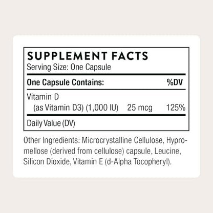 THORNE Vitamin D3 Supplement – 1.000 IE – Unterstützt Knochen, Zähne, Muskeln, Herz-Kreislauf- und Immunfunktion – 90 Kapseln