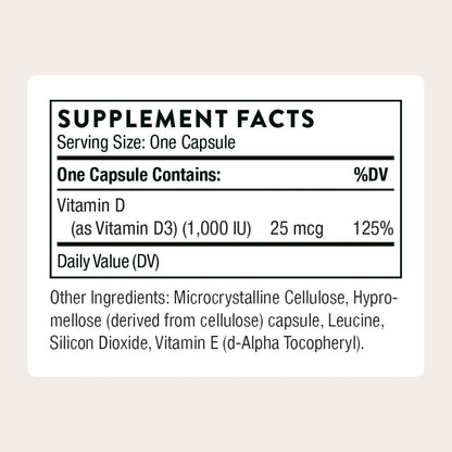 THORNE Vitamin D3 Supplement – 1.000 IE – Unterstützt Knochen, Zähne, Muskeln, Herz-Kreislauf- und Immunfunktion – 90 Kapseln