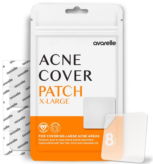 AVARELLE Akne-Pflaster XL, Große Pickel-Abdeckpflaster für Gesicht, Wange & Nase (8 Stück) | Hydrokolloid-Aknebehandlung mit Teebaumöl, Ringelblume & Cica