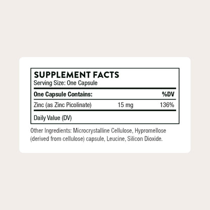 THORNE Zinkpicolinat 15 mg – Hoch absorbierbares Zinkpräparat zur Unterstützung des Immunsystems, der Augen-, Haut- und Fortpflanzungsgesundheit – Drittanbieter-zertifiziert – gluten-, milch- und sojafrei – 60 Kapseln