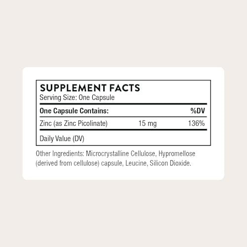 THORNE Zinkpicolinat 15 mg – Hoch absorbierbares Zinkpräparat zur Unterstützung des Immunsystems, der Augen-, Haut- und Fortpflanzungsgesundheit – Drittanbieter-zertifiziert – gluten-, milch- und sojafrei – 60 Kapseln