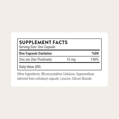 THORNE Zinkpicolinat 15 mg – Hoch absorbierbares Zinkpräparat zur Unterstützung des Immunsystems, der Augen-, Haut- und Fortpflanzungsgesundheit – Drittanbieter-zertifiziert – gluten-, milch- und sojafrei – 60 Kapseln