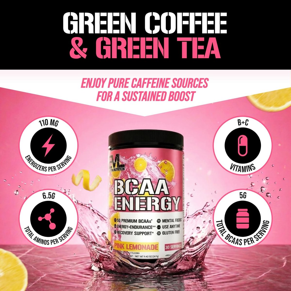 Evlution EVL BCAAs Aminosäuren Pulver – BCAA Pre Workout Pulver für Muskelregeneration, Wachstum & Ausdauer – Rehydrierendes Post-Workout Getränk mit natürlichem Koffein – Pink Lemonade, 30 Portionen