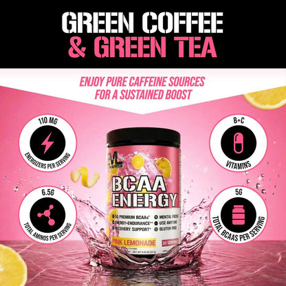 Evlution EVL BCAAs Aminosäuren Pulver – BCAA Pre Workout Pulver für Muskelregeneration, Wachstum & Ausdauer – Rehydrierendes Post-Workout Getränk mit natürlichem Koffein – Pink Lemonade, 30 Portionen