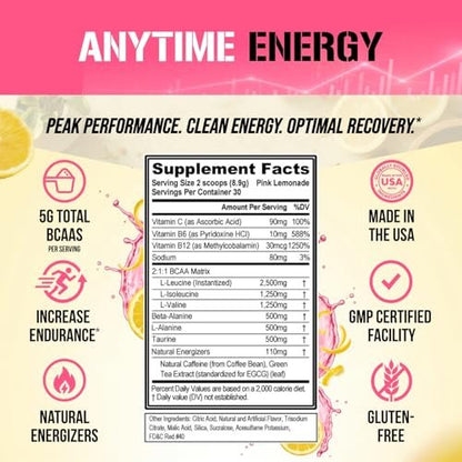 Evlution EVL BCAAs Aminosäuren Pulver – BCAA Pre Workout Pulver für Muskelregeneration, Wachstum & Ausdauer – Rehydrierendes Post-Workout Getränk mit natürlichem Koffein – Pink Lemonade, 30 Portionen