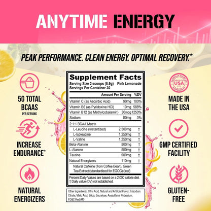 Evlution EVL BCAAs Aminosäuren Pulver – BCAA Pre Workout Pulver für Muskelregeneration, Wachstum & Ausdauer – Rehydrierendes Post-Workout Getränk mit natürlichem Koffein – Pink Lemonade, 30 Portionen