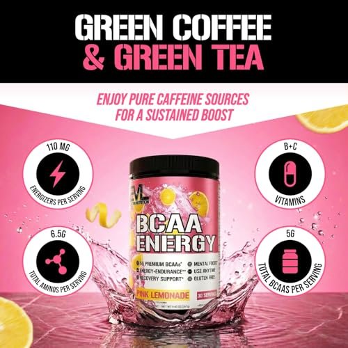 Evlution EVL BCAAs Aminosäuren Pulver – BCAA Pre Workout Pulver für Muskelregeneration, Wachstum & Ausdauer – Rehydrierendes Post-Workout Getränk mit natürlichem Koffein – Pink Lemonade, 30 Portionen