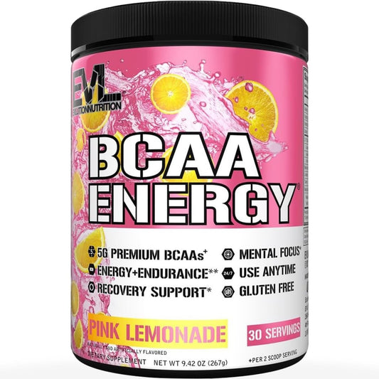Evlution EVL BCAAs Aminosäuren Pulver – BCAA Pre Workout Pulver für Muskelregeneration, Wachstum & Ausdauer – Rehydrierendes Post-Workout Getränk mit natürlichem Koffein – Pink Lemonade, 30 Portionen