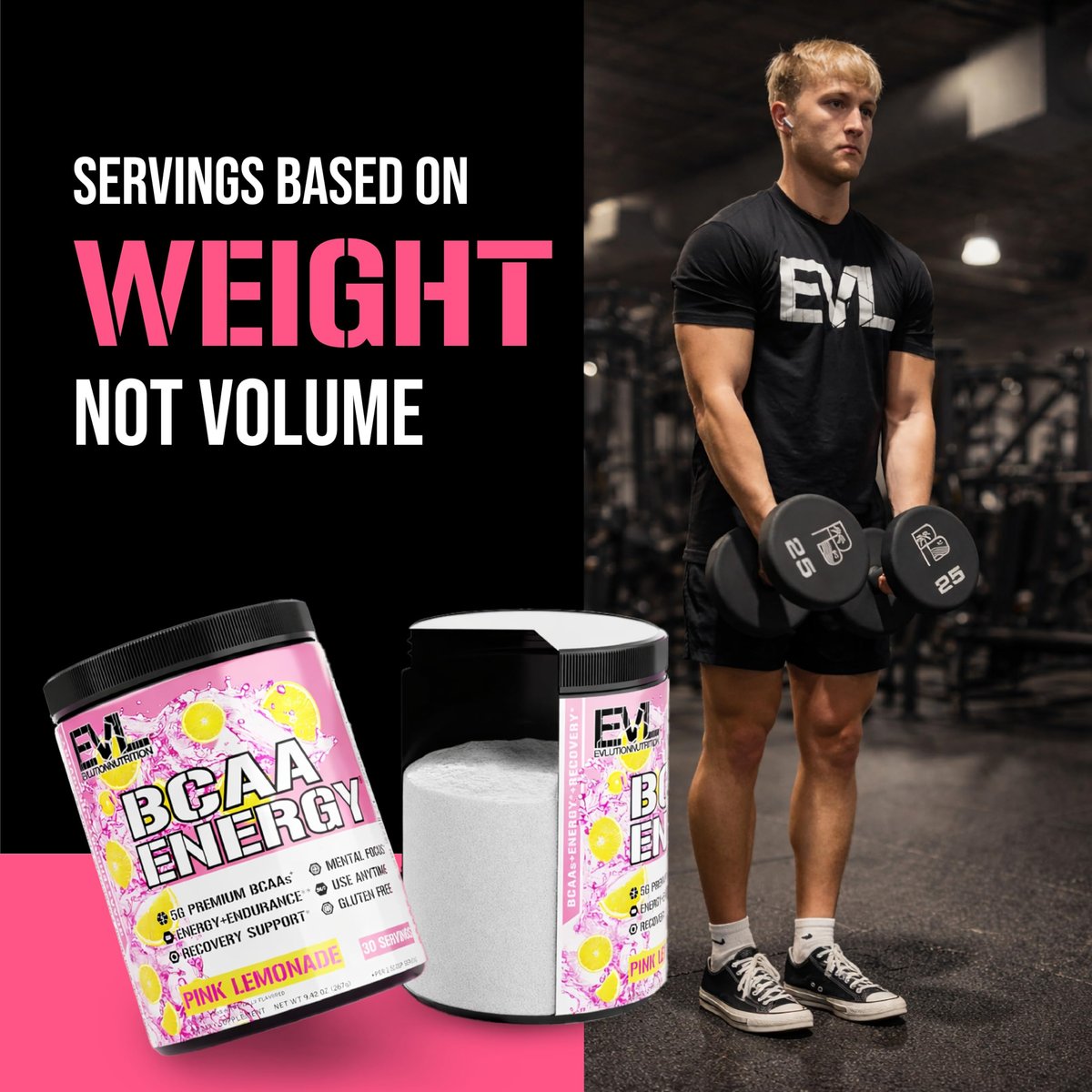 Evlution EVL BCAAs Aminosäuren Pulver – BCAA Pre Workout Pulver für Muskelregeneration, Wachstum & Ausdauer – Rehydrierendes Post-Workout Getränk mit natürlichem Koffein – Pink Lemonade, 30 Portionen
