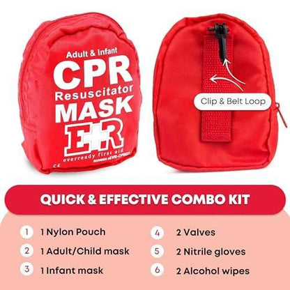Erwachsenen- und Säuglings-CPR-Maske Kombinationsset – 2 CPR-Masken mit Einwegventilen, Paar Vinylhandschuhe, 2 Alkoholtupfer – Tragbares Notfall-CPR-Set – Rot
