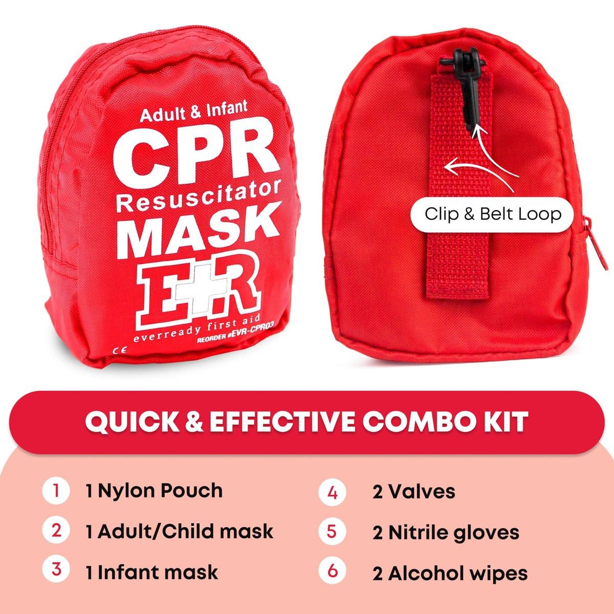 Erwachsenen- und Säuglings-CPR-Maske Kombinationsset – 2 CPR-Masken mit Einwegventilen, Paar Vinylhandschuhe, 2 Alkoholtupfer – Tragbares Notfall-CPR-Set – Rot