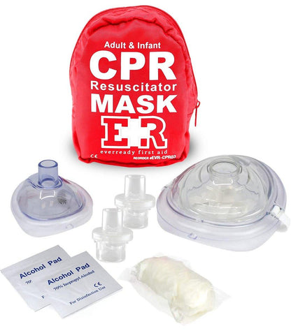 Erwachsenen- und Säuglings-CPR-Maske Kombinationsset – 2 CPR-Masken mit Einwegventilen, Paar Vinylhandschuhe, 2 Alkoholtupfer – Tragbares Notfall-CPR-Set – Rot