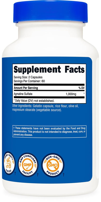 Nutricost Agmatinsulfat 1000mg, 120 Kapseln – Glutenfrei, Non-GMO, 500mg pro Kapsel