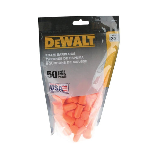DEWALT DPG63BG50 Ohrstöpsel aus Schaumstoff, glockenförmig, orange, NRR 33 dB, unverbunden, 50 Paar im wiederverschließbaren Beutel, hergestellt in den USA, ANSI S3.19 konform