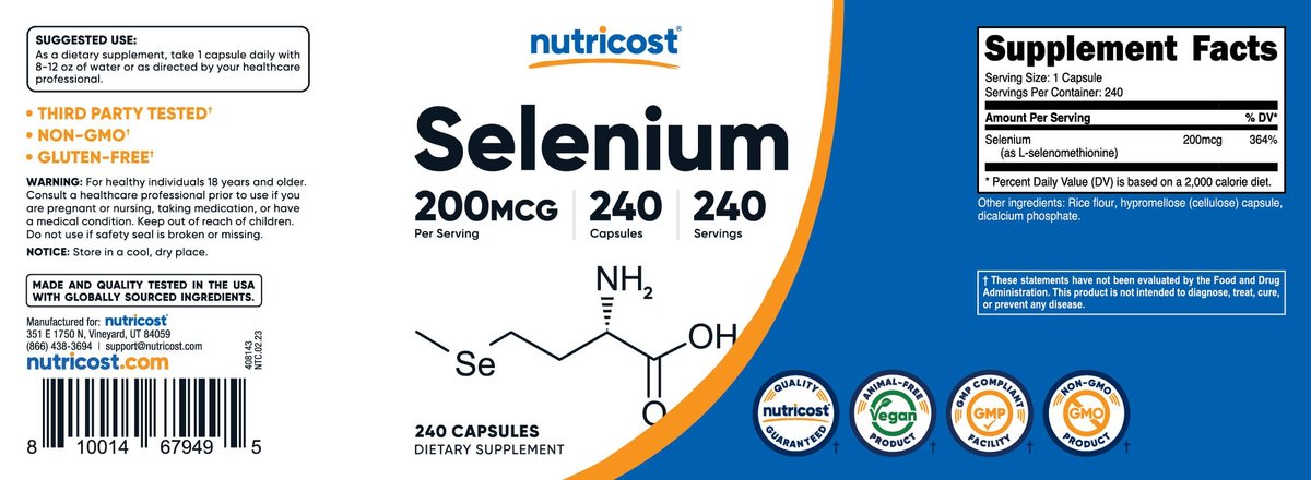 Nutricost Selen 200 mcg – 240 Kapseln, L-Selenomethionin, Nicht-GVO, Glutenfrei, Vegetarisch