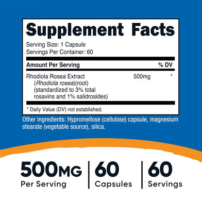 Nutricost Rhodiola Rosea 500mg – 60 vegane Kapseln, glutenfrei & nicht-GMO, pflanzliches Nahrungsergänzungsmittel