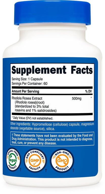 Nutricost Rhodiola Rosea 500mg – 60 vegane Kapseln, glutenfrei & nicht-GMO, pflanzliches Nahrungsergänzungsmittel
