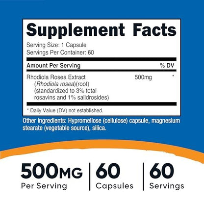 Nutricost Rhodiola Rosea 500mg – 60 vegane Kapseln, glutenfrei & nicht-GMO, pflanzliches Nahrungsergänzungsmittel