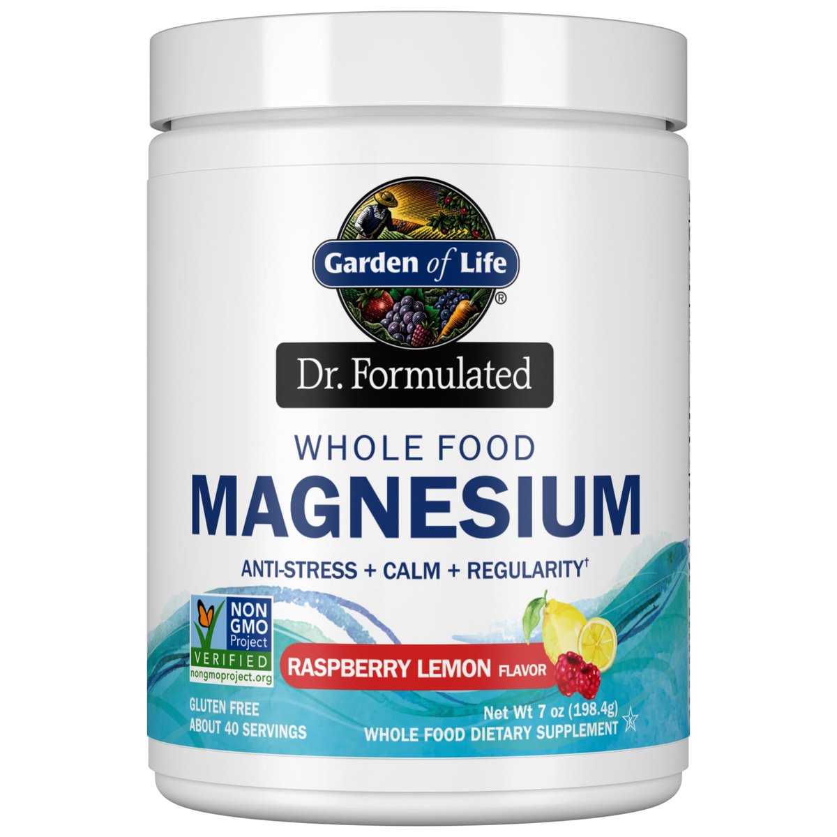 Garden of Life Dr. Formulated Whole Food Magnesium Pulver mit Probiotika – Stress- und Schlafunterstützung, Nicht-GVO, Glutenfrei, Vegan, Himbeer-Zitronen-Geschmack, 40 Portionen