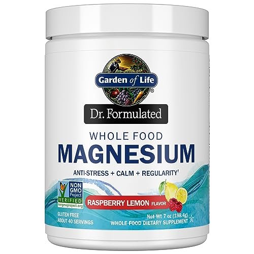 Garden of Life Dr. Formulated Whole Food Magnesium Pulver mit Probiotika – Stress- und Schlafunterstützung, Nicht-GVO, Glutenfrei, Vegan, Himbeer-Zitronen-Geschmack, 40 Portionen