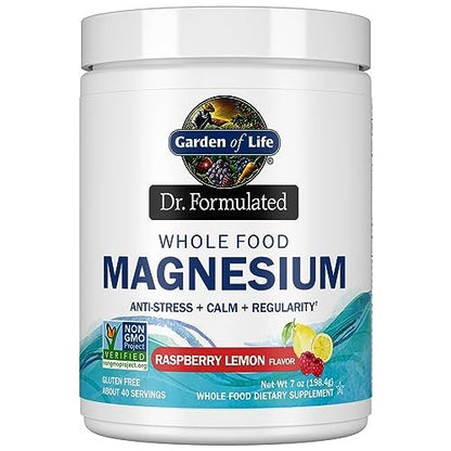 Garden of Life Dr. Formulated Whole Food Magnesium Pulver mit Probiotika – Stress- und Schlafunterstützung, Nicht-GVO, Glutenfrei, Vegan, Himbeer-Zitronen-Geschmack, 40 Portionen