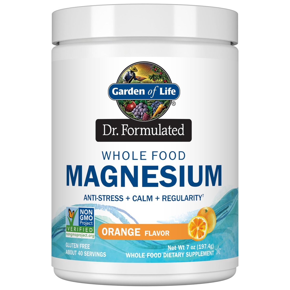 Garden of Life Dr. Formuliertes Vollwert-Magnesium 197,4 g Pulver - Orange, cheliert, nicht-GVO, vegan, koscher, gluten- & zuckerfrei, mit Probiotika - Ideal gegen Stress, für Ruhe & Regelmäßigkeit