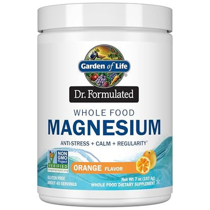 Garden of Life Dr. Formuliertes Vollwert-Magnesium 197,4 g Pulver - Orange, cheliert, nicht-GVO, vegan, koscher, gluten- & zuckerfrei, mit Probiotika - Ideal gegen Stress, für Ruhe & Regelmäßigkeit